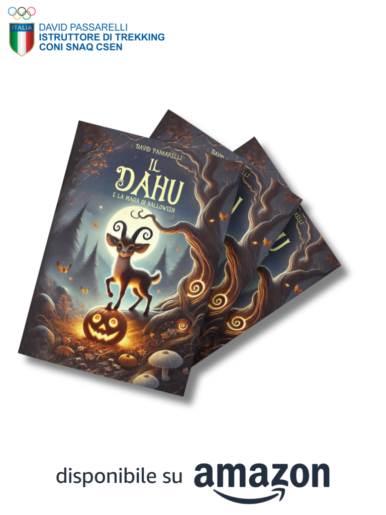 Copertina del libro "Il Dahu e la Magia di Halloween" di David Passarelli, con un paesaggio autunnale e il Dahu tra zucche e foglie colorate.