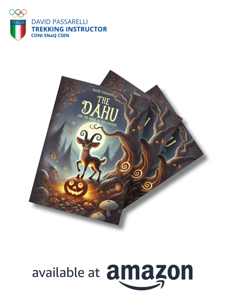 Cover of "The Dahu and the Magic of Halloween" by David Passarelli, featuring a fall forest, pumpkins, and the Dahu in a cozy Halloween setting.